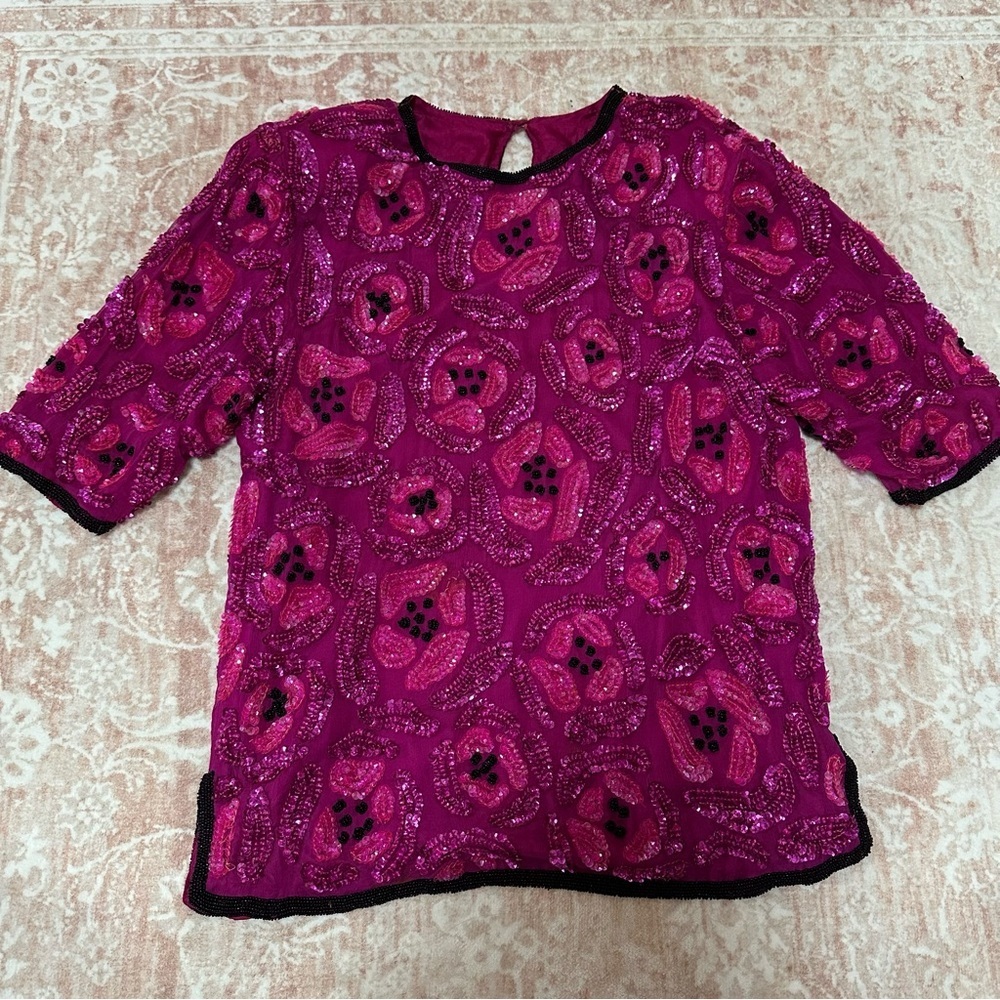 Vintage 100% Silk Beaded Camellia Sequins Pink Top - Picture 3 of 16